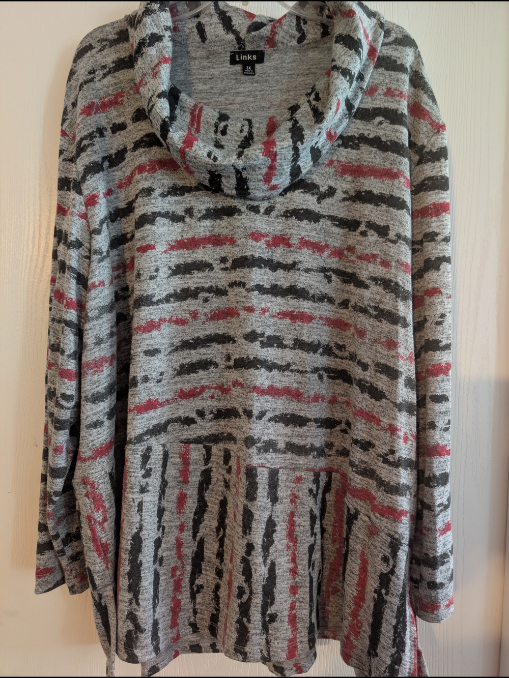 Link Cowl Neck Women's Sweater in Gray with Black & Red Stripe Print